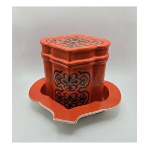 Vintage Midcentury Modern Ceramic Orange Cigarette Box and Ashtray Set
